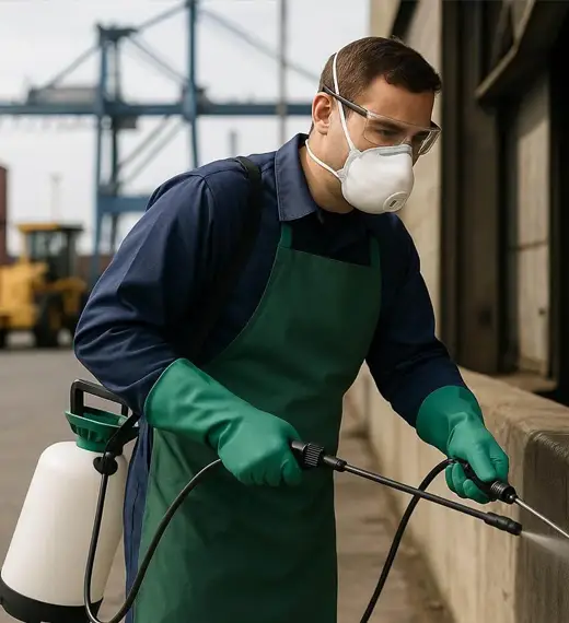 Técnico da Dedetizadora Nova ABC aplicando produto regulamentado com equipamento de proteção – controle sustentável de pragas em SP